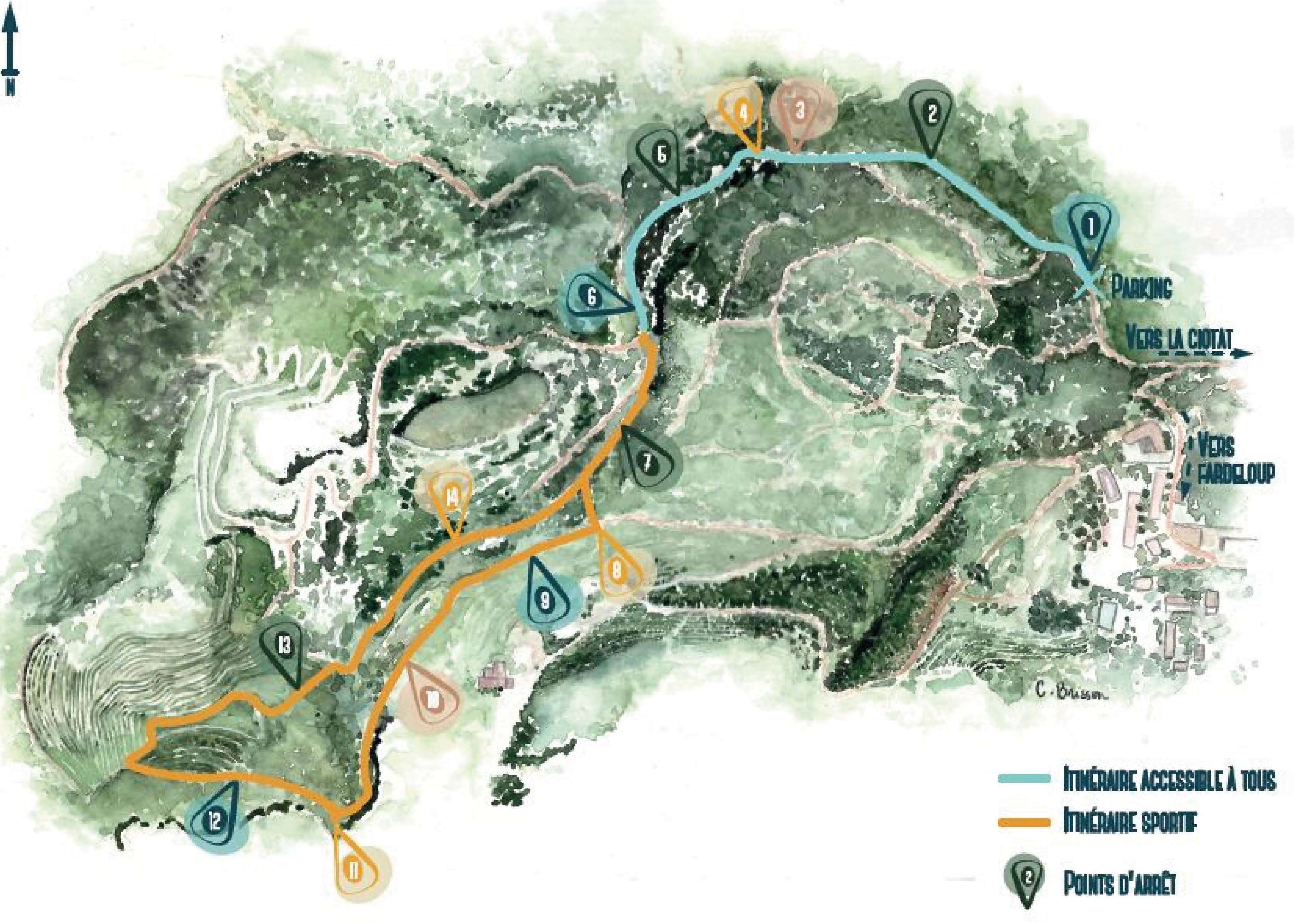 Itinéraires de la promenade de la carrière du Loin © Parc national des Calanques / CPIE Côte provençale