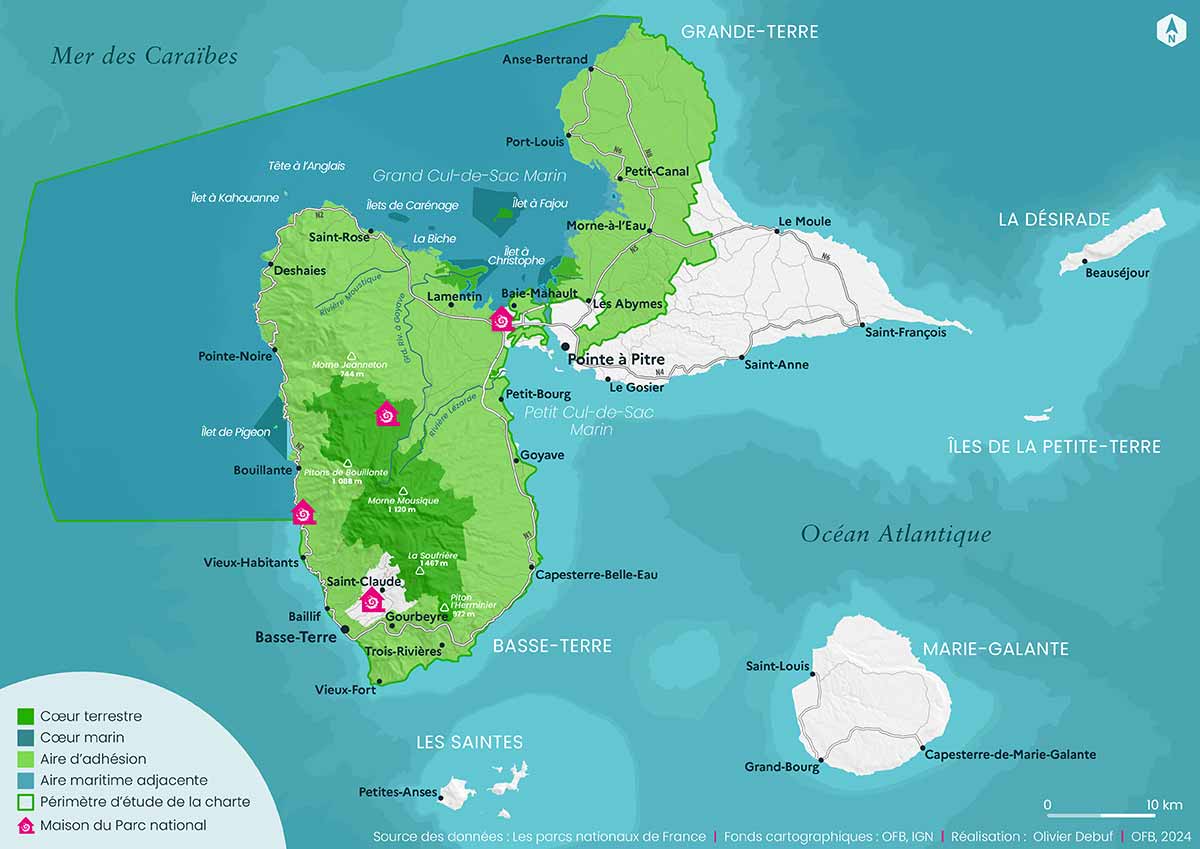 Carte du Parc national de la Guadeloupe. Crédit : Olivier Debuf / OFB