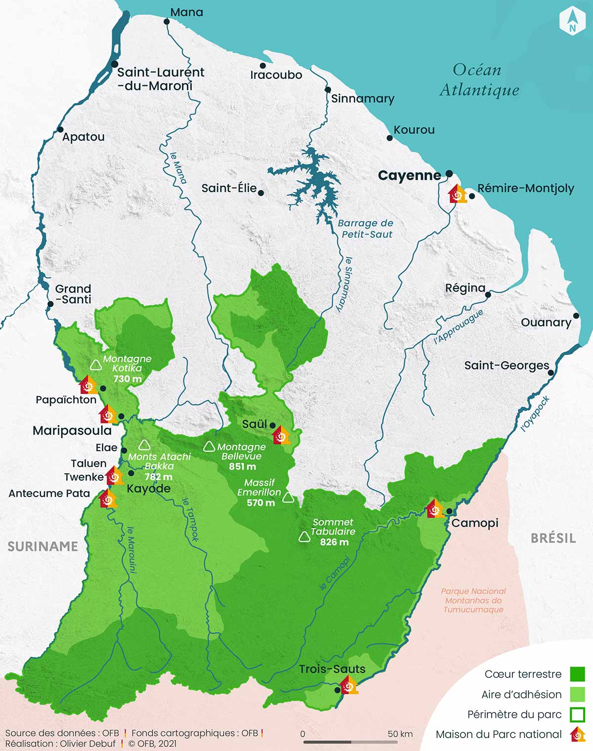Carte du Parc amazonien de Guyane. Crédit : Olivier Debuf / OFB