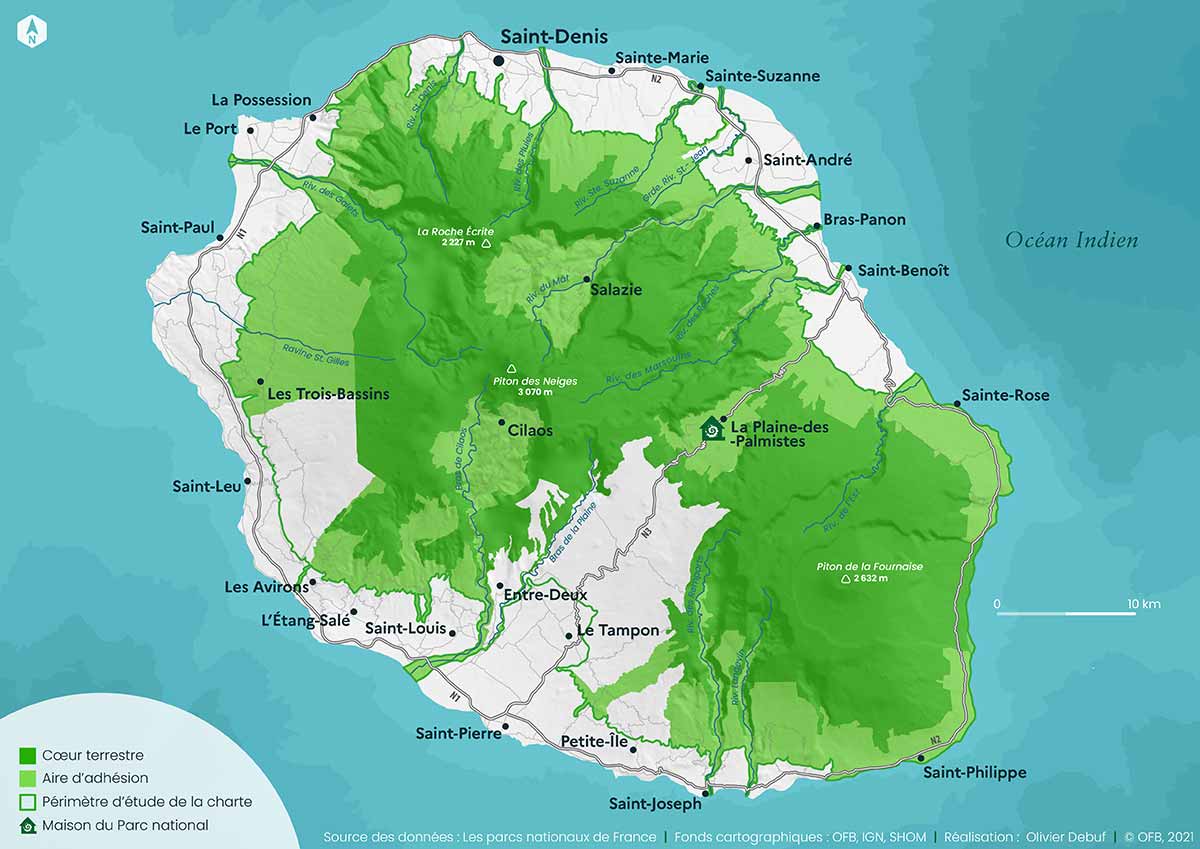Carte du Parc national de La Réunion. Crédit : Olivier Debuf / OFB