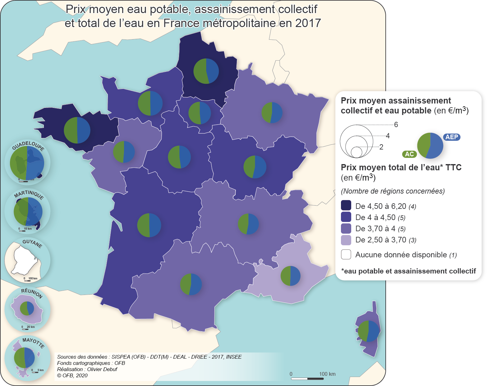 Prix moyen eau potable, assainissement collectif et total de l'eau en France métropolitaine en 2017