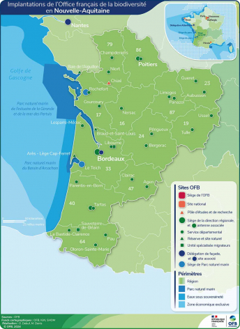 Carte de l'implantation de l'OFB en Nouvelle Aquitaine