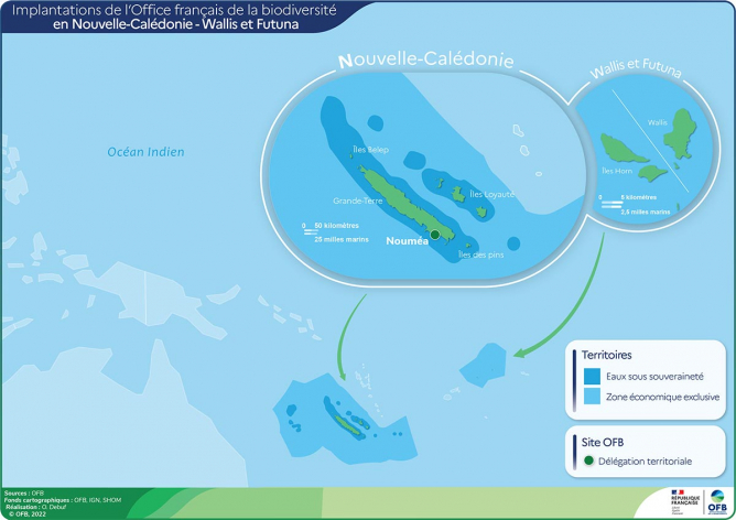 Carte de l'implantation de l'OFB en Nouvelle-Calédonie et Wallis-et-Futuna