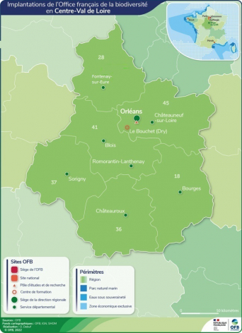 Carte de l'implantation de l'OFB en Centre-Val de Loire