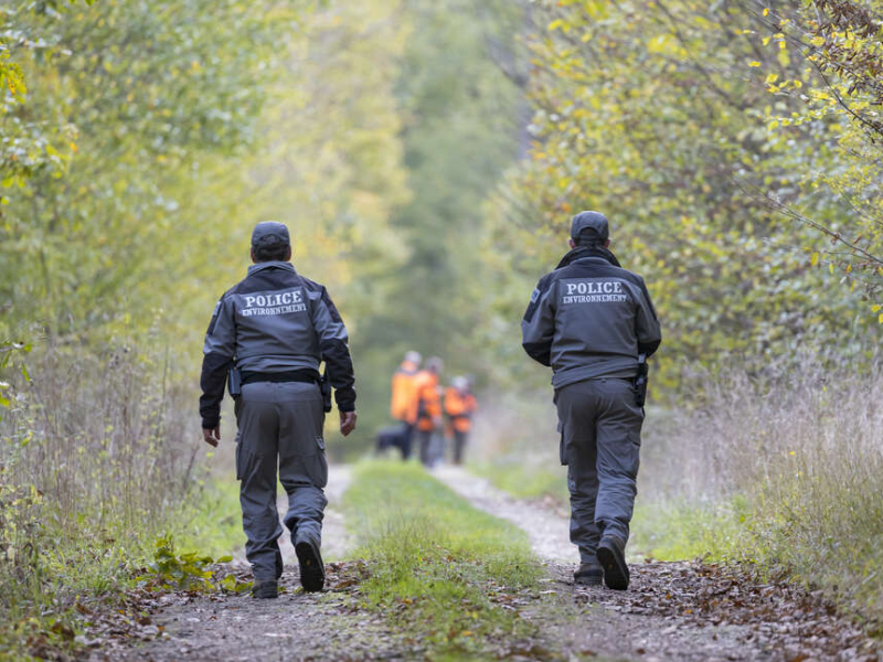 Contrôle de chasse par des inspecteurs de l'environnement. Crédit photo : Philippe Massit / OFB