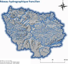 Cette carte dessine les cours d'eau en Île-de-France. Le fond de la carte est gris, les cours d'eau sont en bleu. L'Oise, la Seine, la Marne, le Grand Morin, l'Essonne et le Loing sont représentés en plus épais. Leurs affluents sont plus fins.