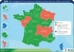 Carte de l'état d'engagement des partenariats régionaux biodiversité avec l'OFB en juillet 2023