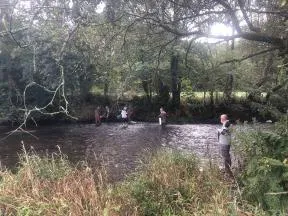 Photo de plusieurs agents lors d'une campagne de pêche électrique en Bretagne.