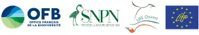 Logos des partenaires du LIFE Oxyura : Office français de la biodiversité, Société nationale de protection de la nature, Programme LIFE de l'Union européenne