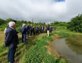 Une groupe d'une quinzaine de personnes sont rassemblées autour d'une mare
