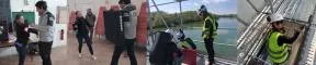 4 photos accolées de la magistrate stagiaire en situation de travail : entrainement aux techniques d'intervention de police, contrôle de travaux concernant la réfection d'un ouvrage sur cours d'eau