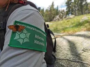 Un papillon est posé sur le logo Réserves naturelles nationales sur le vêtement d'un agent