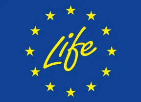 Logo du financement Life : mot "Life" entouré de 12 étoiles, en jaune sur fond bleu foncé