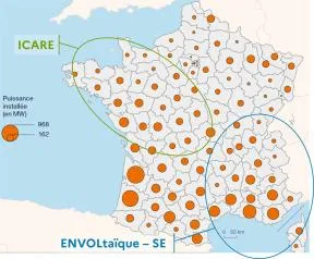 Carte illustrant le périmètre du projet ICARE, fond de carte issu de « Chiffres clés des énergies renouvelables – Edition 2023 – Le service des données et études statistiques »
