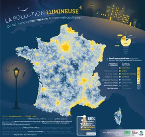 Carte illustrant la pollution lumineuse en France