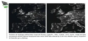 Évolution de l’éclairage artificiel dans l’ouest de l’Europe. À gauche : 1992 ; à droite : 2013. Source : Image and data processing by NOAA’s National Geophysical Data Center. DMSP data collected by US Air Force Weather Agency. Acquisition & Production par La TeleScop