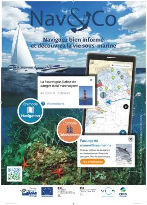 Visuel de présentation de l'application "Nav&Co - Naviguez bien informé et découvrez la vie sous-marine", il affiche certains exemples d'écrans En mode navigation (ex: La Fourmigue, balise de danger isolé avec voyant)/ EN mode découverte (ex: Passage de mammifères marins). Logos en bas de page : l'Euripe s'engage, Minsitères, SHOM et OFB
