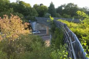 Photo d'une passerelle large et très végétalisée en forme d'entonnoir ou diabolo, enjambant une autoroute et faisant le lien entre deux massifs forestiers/zones naturelles