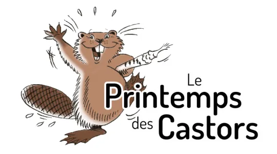 Dessin représentant le logo du printemps des castors. Un castor nous salue ; il porte un petit tronc d'arbre sous le bras
